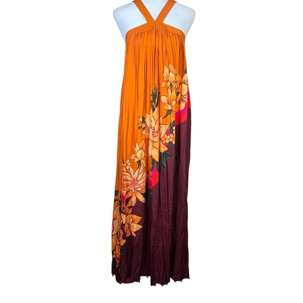 FARM RIO Orange Boho Maxi Dress Pinafore Cover Up Floral Whimsy Brown Size S NEW - Picture 5 of 15
